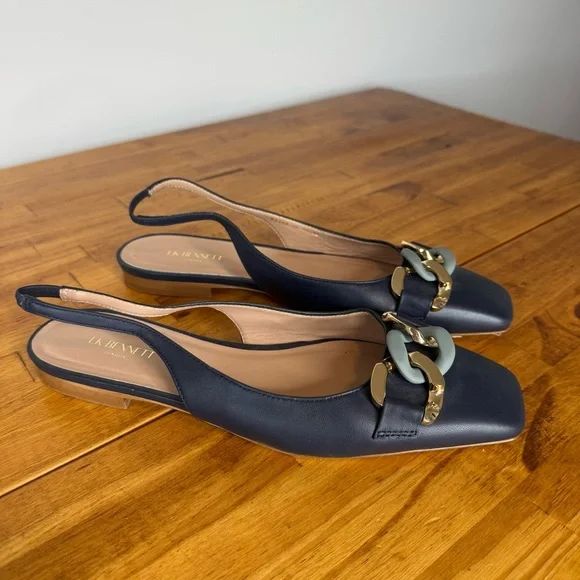 LK Bennett Navy Slingback Flats with Chain Detail - Picture 2 of 8